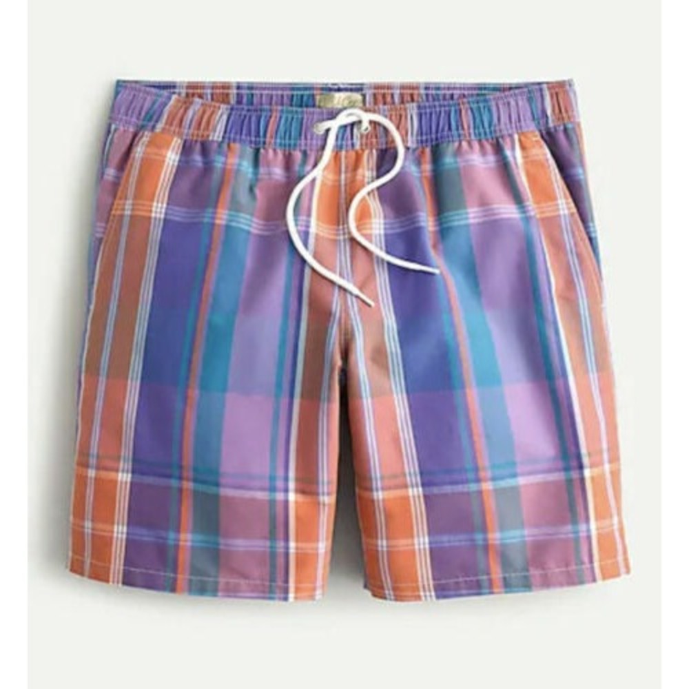 J Crew NEW Mens Size Small Yarn Dyed Plaid Swim Trunks 8" Inseam AV324